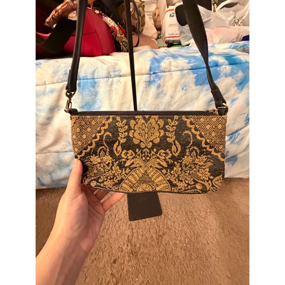 Vintage Bueno Tapestry Shoulder Bag Black Gold Baroque Damask Boho Purse